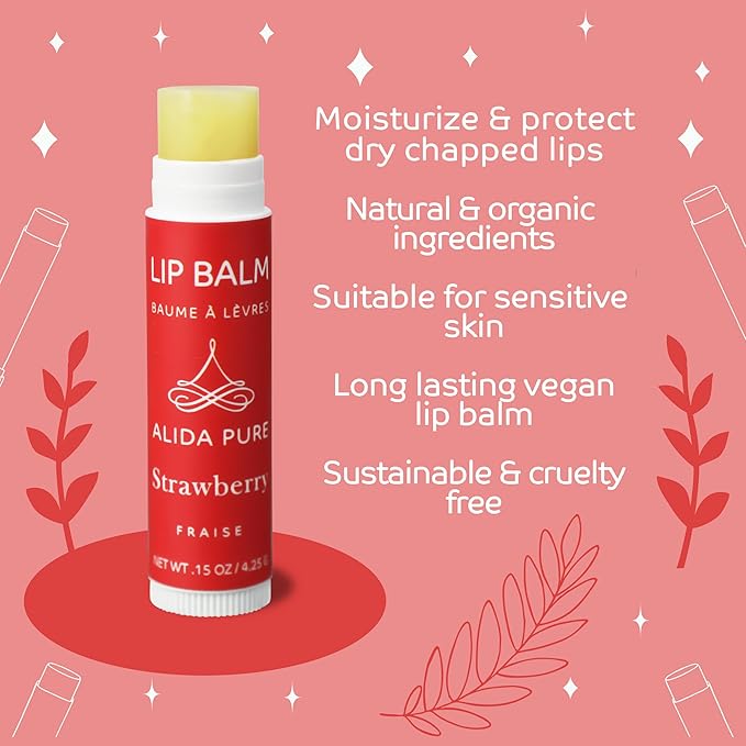 Strawberry Lip Balm Collection, Vegan Lip Balm Set, Beeswax Free, with Avocado Oil, Organic Jojoba Oil, and Vitamin E, Natural Moisturizer for Dry, Chapped Lips, 3 Tube Set-VivaGrace Women