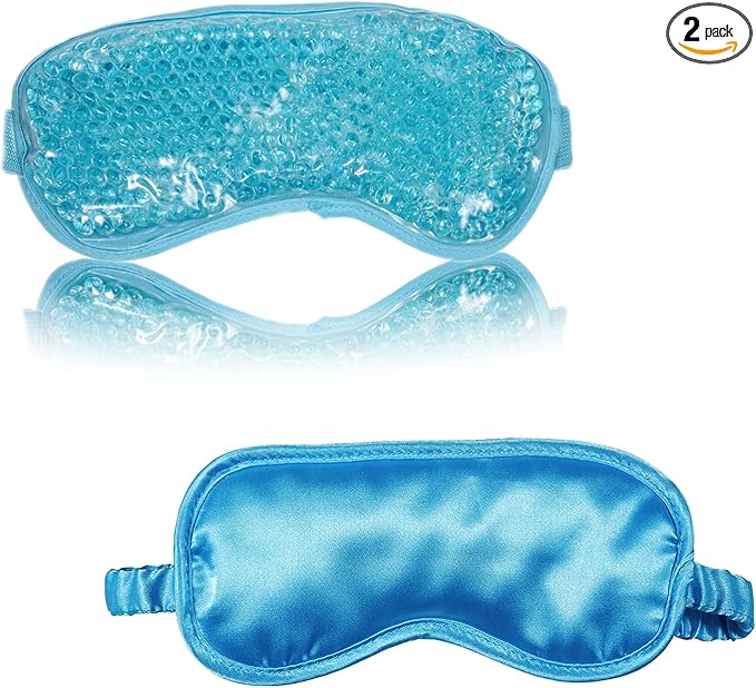 Silk Eye Mask (2packs) for Sleeping, Cooling and Heated Eye Mask, Adjustable Eyeshade Mask Satin Night Travel Gift for Women Men (1silk Eyes Blue mask +1hot&Cold Blue Eyes mask)-VivaGrace Women