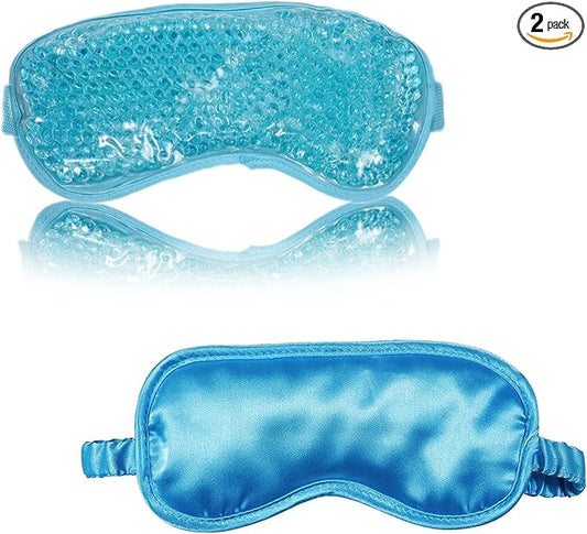 Silk Eye Mask (2packs) for Sleeping, Cooling and Heated Eye Mask, Adjustable Eyeshade Mask Satin Night Travel Gift for Women Men (1silk Eyes Blue mask +1hot&Cold Blue Eyes mask)-VivaGrace Women