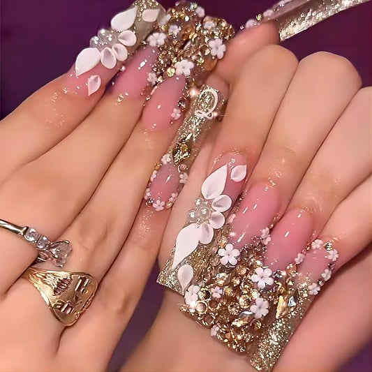 Long Press Pink Coffin Fake Nails with French Tip, 5D White Flower Designs, Gold Rhinestones, Glossy Glue on Nails for Women