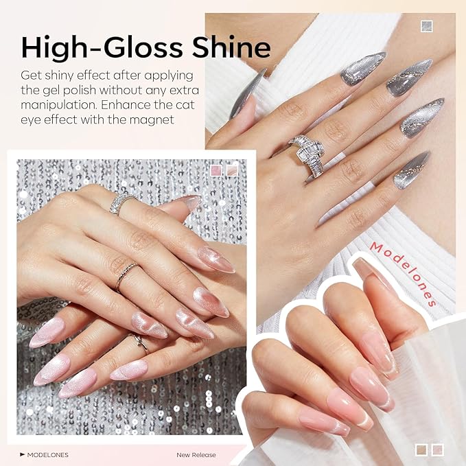 Modelones Cat Eye Gel Nail Polish Set, Holographic Glitter 6 Colors with Magnet, Sparkle Galaxy Series Nude Pink Gel Polish, Soak Off Led Gel Polish Kit, Nail Art, Salon DIY Gifts-VivaGrace Women