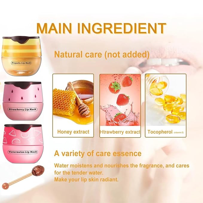 Bee Lip Balm Honey Pot, Watermelon Sleeping Lip Mask Overnight Hydrating Dry and Crack Lip Exfoliator Scrubs Propolis Lip Balm (Watermelon)-VivaGrace Women