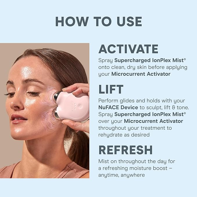 NuFACE Supercharged IonPlex Facial Mist - 3-in-1 Ultra-Fine Hydrating Face Mist & Pore Minimizer with Hyaluronic Acid + IonPlex Technology to Lock in Moisture and Enhance Microcurrent Treatment (5 oz)-VivaGrace Women