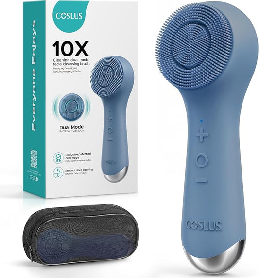 COSLUS Face Scrubber Facial Cleansing Brush: 2 in 1 Spin and Vibration Patented Tech, Silicone Electric Exfoliator Scrubber with Automatic Foaming, Waterproof Face Cleanser Brush for Men and Women