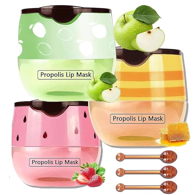 3 PCS Bee Lip Mask Lip Balm Honey Pot, Strawberry & Honey Lip Sleeping Mask Hydrating Prevention Dry and Cracked Lip Scrubs Exfoliator,Lip Mask Overnight Reduces Lip Lines-VivaGrace Women