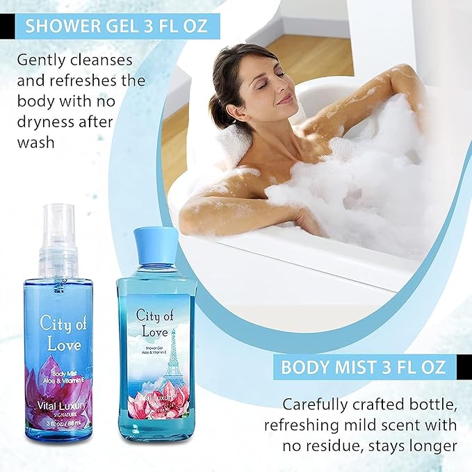 Bath & Body Kit - Body Lotion, Shower Gel, Body Cream, and Fragrance Mist, 3 Fl Oz each, in City of Love, Ideal Skincare Gift Home Spa Set for luxurious indulgence-VivaGrace Women