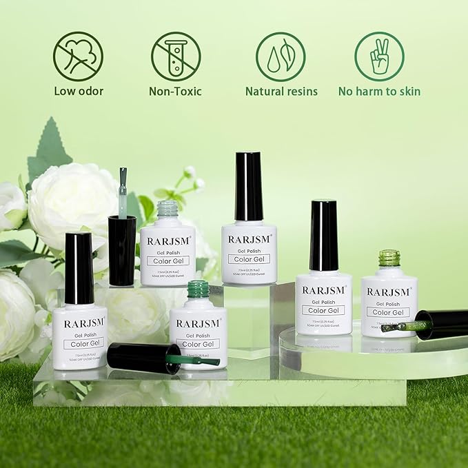 RARJSM Green Jelly Glass Gel Nail Polish Set 6pcs Clear Crytal Army Dark Jade Sage Green Transparent Sheer Amber Series Milky Diamond Cat Eye Gel Varnish LED UV Curing Requires-VivaGrace Women