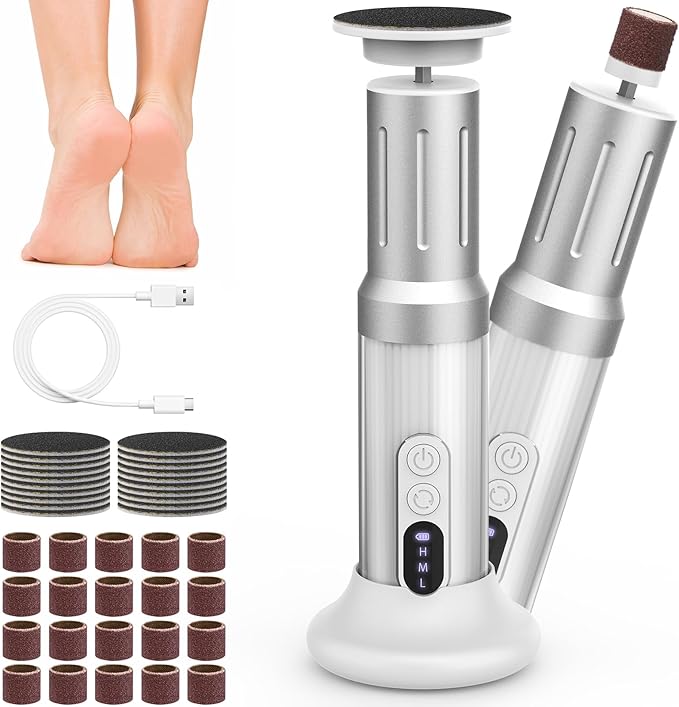 Electric Foot Callus Remover Cordless Electric Foot Filer Kit with 6Speeds Chagring Dock Callus Remover for Women Men Feet and Nail (White)-VivaGrace Women