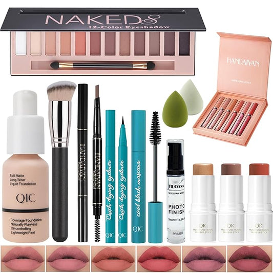 All In One Makeup Kit Full Kit, 3 Pcs Cream Contour Sticks,12 Colors Eyeshadow Palette,Full Coverage Foundation, 6 Colors Lipstick Set, Waterproof Eyeliner and Mascara (101# Porcelain)-VivaGrace Women