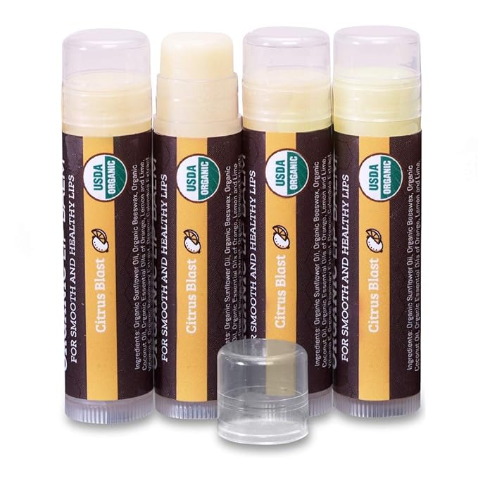 USDA Organic Lip Balm 4-Pack by Earth's Daughter - Citrus Flavor, Beeswax, Coconut Oil, Vitamin E - Best Lip Repair Chapstick for Dry Cracked Lips.-VivaGrace Women