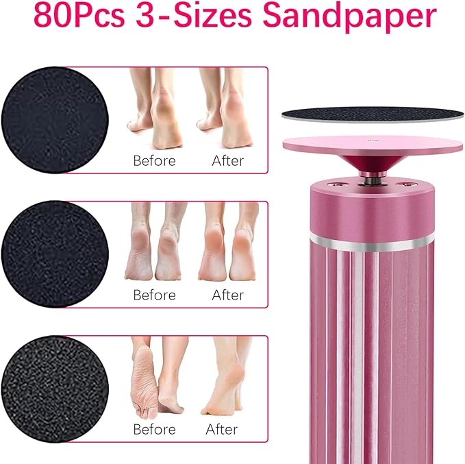 5.3'' Electric Foot Callus Remover with 80pcs Sandpaper Discs & Brush, Professional Aluminum Ergonomic Pedicure Tool, Stepless Speed & Reverse Control for Dead Skin Removal (Pink)-VivaGrace Women