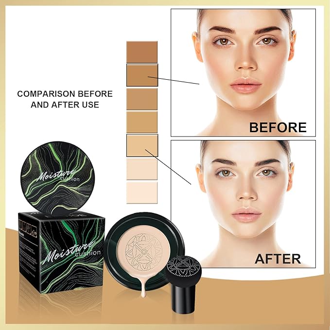 Mushroom Head Air Cushion CC Cream, Long-Lasting Brightening BB Cream Foundation With Powder Puff for Face Makeup and Mature Skin, Moisturizing Full Coverage Self Adjusting Concealer (Buff Beige)-VivaGrace Women