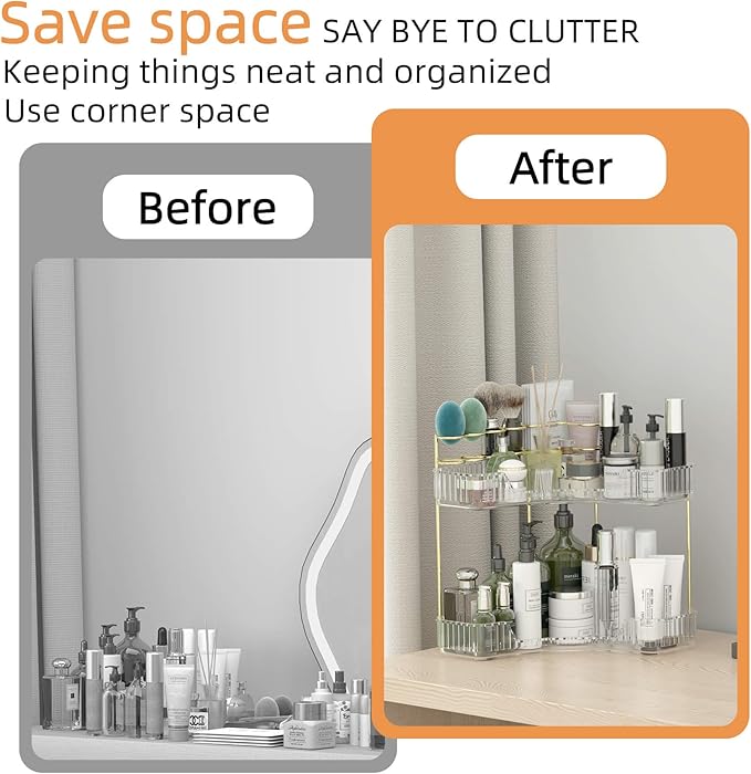 Makeup Organizer Countertop 2 Tier, Corner Bathroom Countertop Organizer with Toothbrush and Makeup Brush Holder, Corner Vanity Tray for Skincare Organization-VivaGrace Women