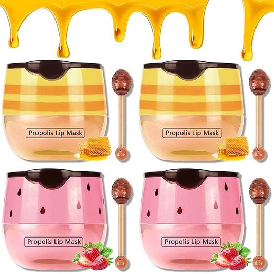 4 PCS Bee Lip Mask Balm Honey Pot, Strawberry & Honey Lip Masks Hydrating Prevention Dry and Cracked Lip Scrubs Exfoliator, Lip Exfoliating Sleeping Lip Mask, Moisturizing Lip Reduces Lip Lines-VivaGrace Women