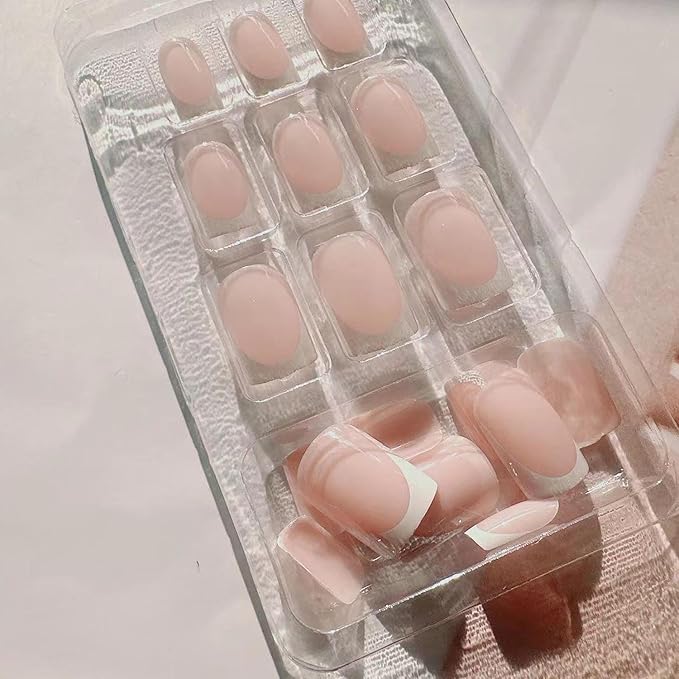 24Pcs French Short Press on Nails with Jelly Glue White French Tip Press On Acrylic Nails Nude Pink False Nail Tips Reusable Cute Finger Manicure Decorations for Women