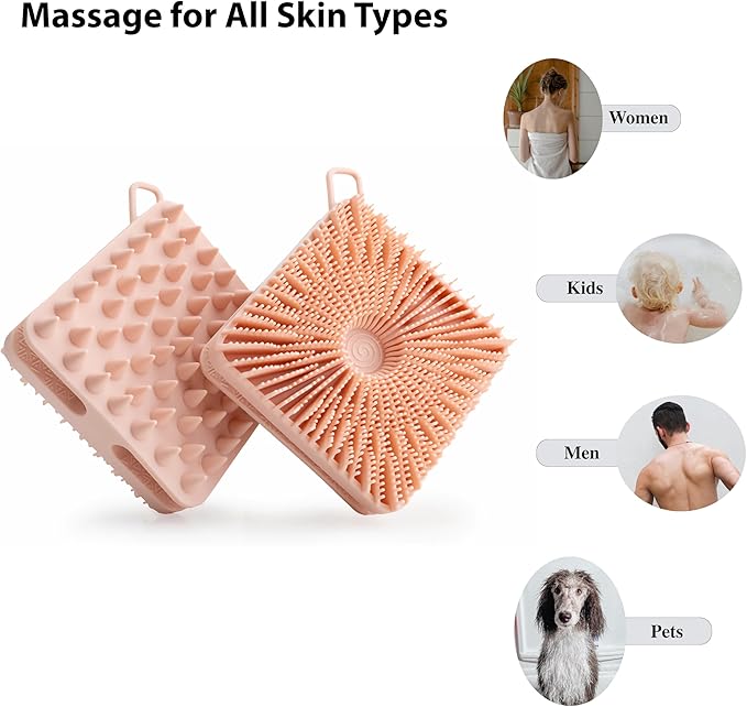 2 PC Silicone Exfoliating Body Scrubber, Silicone Body Shampoo Brush, Soft Silicone Loofah for Sensitive Skin, Shower Silicone Hair Scalp Massager, Easy to Clean, Lather Well(Gray&Pink)-VivaGrace Women