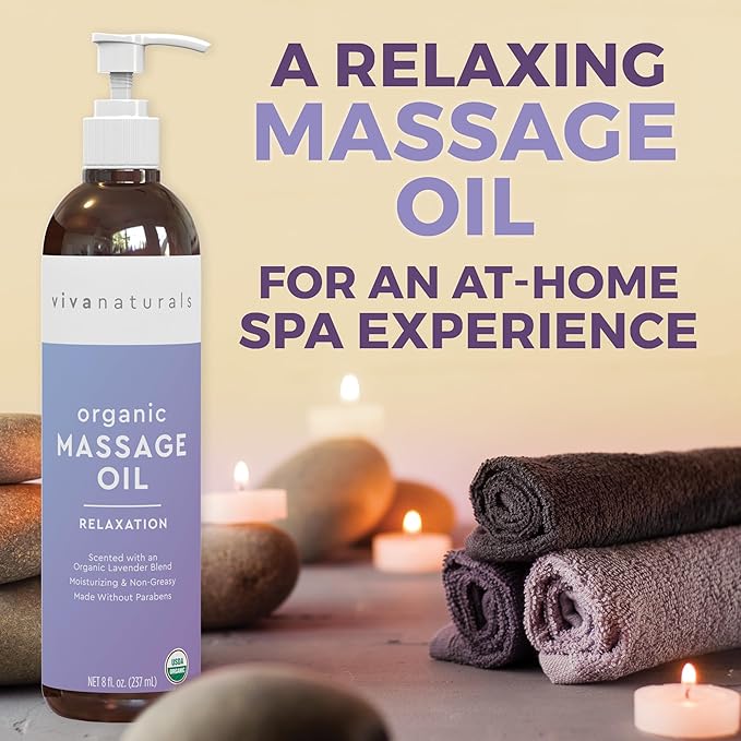 Viva Naturals Organic Massage Oil (8 fl. oz.) - Lavender Scented Non-Greasy Body Massage Oil with Mess-Free Pump, Moisturizing Massage Oils for Massage Therapy, Non-GMO and Certified Organic, 237 mL-VivaGrace Women