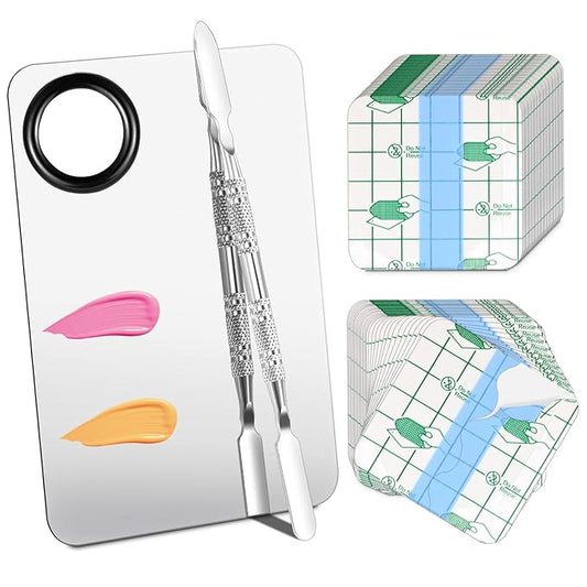Makeup Mixing Palette Set, Makeup Hand Palette Single Use Makeup Mixing Tray Disposable Adhesive Cosmetic Makeup Palette Transparent Makeup Tape, Stainless Steel Foundation Mixing Palette with Spatula-VivaGrace Women