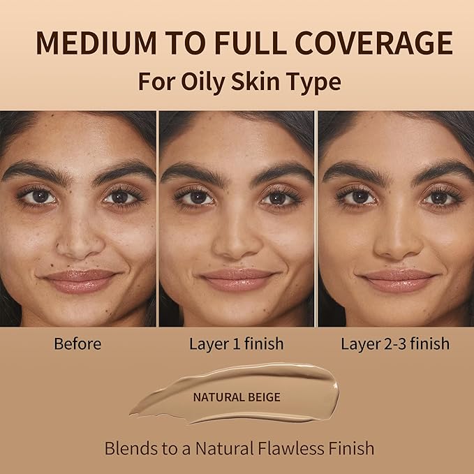 FV Full Coverage Liquid Foundation Makeup, Long Lasting Matte Foundation with Flawless Finish, Concealing & Minimizing Pores, Oil Control Waterproof for Oily Combination Skin, 1 Fl. Oz (Natural Beige)-VivaGrace Women