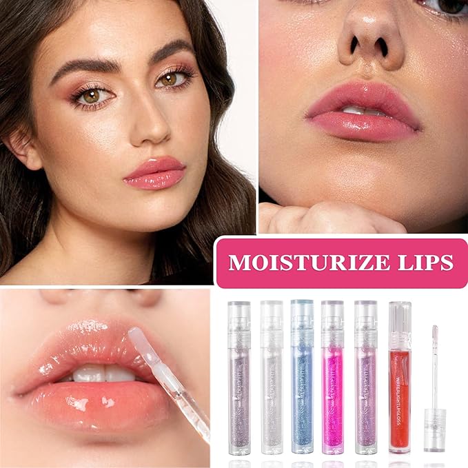 6 PCS Clear Glass Hydrating Lip Gloss Set,Essence Lip Stick Jelly Toothed Lip,Plumping Lip Oil Long Lasting Moisture,Lip Treatment,Lip Balm Kit,Lip Stains For Women,Lip Makeup-VivaGrace Women
