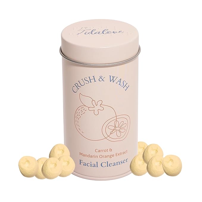 3-in-1 Solid Facial Cleanser, Exfoliator, and Wash-off Mask - Vegan, Cruelty-Free, Plastic-Free, Travel-Friendly, 1 Month Supply (60 Crushable Tablets) in Tin (Brightening Beans in Tin)-VivaGrace Women