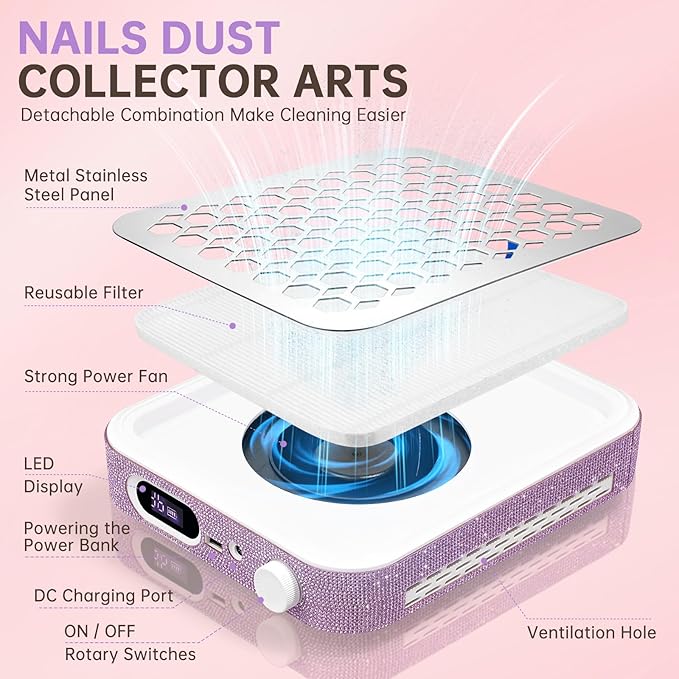 Nail Dust Collector, Rechargeable Dust Collector Nail Tech, Powerful Vacuum Fan Vent Dust Collector Extractor Dust Suction Machine for Acrylic Nails Polishing, Nail Salon&Home,Purple-VivaGrace Women