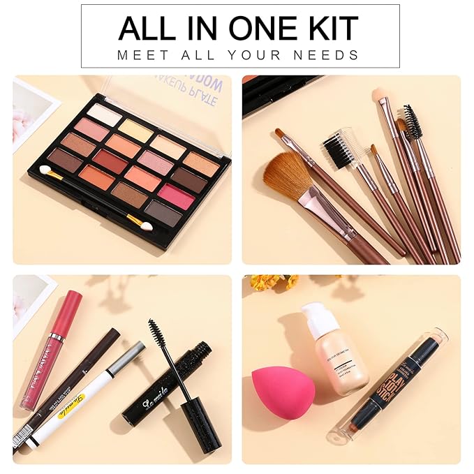 All in One Makeup Kit For Women Girls Teens Makeup set 16 Colors Eyeshadow Palette Foundation Eyeliner Contouring Stick Lip Gloss Eyebrow Mascara Makeup Brushes Makeup Gift Sets-VivaGrace Women