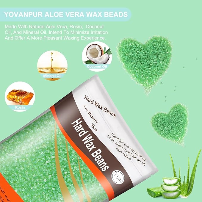 Hard Wax Beads for Brazilian Waxing, At Home Pearl Wax for Bikini, Face, Eyebrow, Legs - 300g (10 Oz) with 10 Wax Spatulas (Light Green-Aloe)-VivaGrace Women