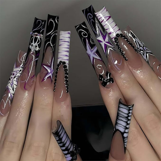 Extra Long Nail XL Nails with Design - Square False Nails - Press Ons Black & Nude