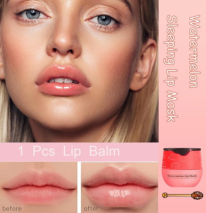 1 PCS Bee Lip Balm Honey Pot, Exfoliating Watermelon Bee Lip Balm Sleeping Lip Mask Overnight with Sticks, Honey Pot Lip Balm Prevention Dry Hydrating and Crack Lip Scrubs-VivaGrace Women