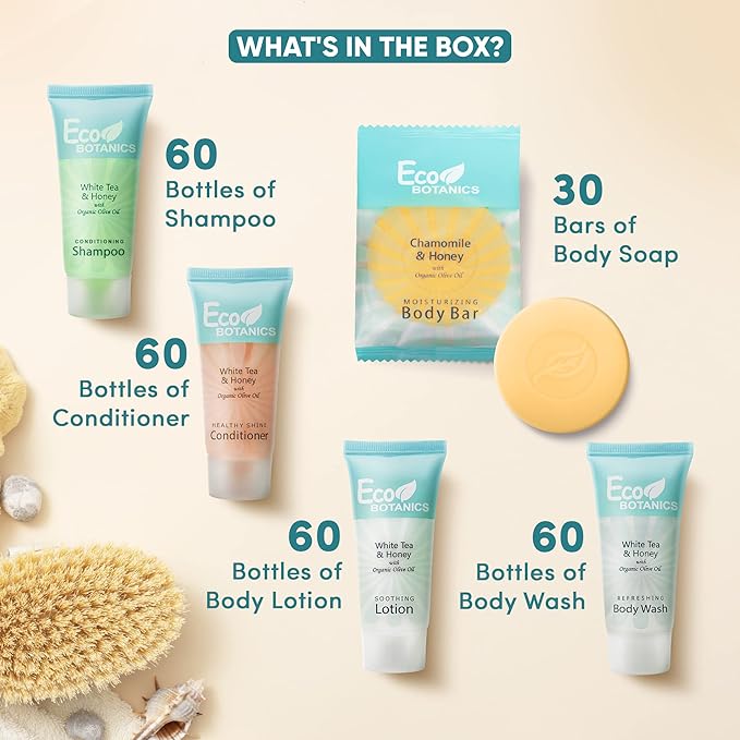 Eco Botanics Hotel Soaps & Toiletries Bulk Set | 0.85oz Hotel Shampoo & Conditioner, Body Wash, Body Lotion & Bar Soap Travel Size | 300 Pieces-VivaGrace Women