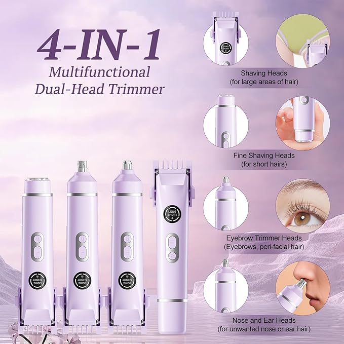 Bikini Trimmer for Women, 4 in 1 Wet/Dry Electric Razors for Women - Dual Head, Painless Rechargeable Portable Womens Razors for Shaving Set for Face, Nose, Eyebrows, Armpits, Bikini Area (Purple)-VivaGrace Women