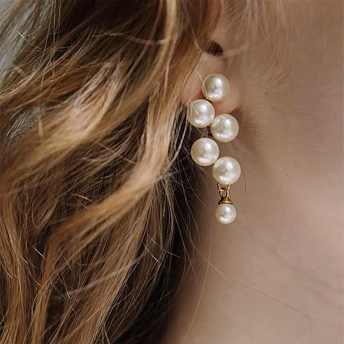Boho Pearl Drop Earrings Long Pearl Tassel Earrings Gold Cluster Pearl Stud Earrings Bridal Pearl Earrings Wedding Earrings Jewelry for Women-VivaGrace Women
