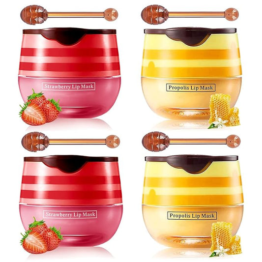 Honey Lip Balm Pot Lip Mask, Hydrating Propolis Lip Sleeping Mask, Prevent Dry&Cracked, Lip Repair Nourishes the Lip Skin (2pcs honey & 2pcs strawberry)-VivaGrace Women