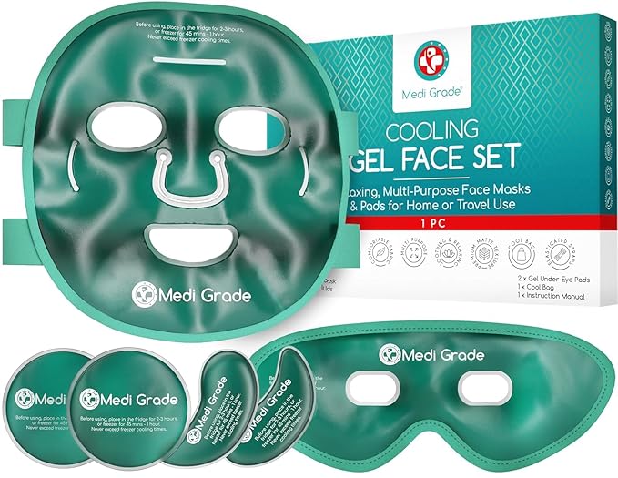 Medi Grade Cooling Ice Face Mask and Cooling Eye Mask for Puffy Eyes & Migraine Relief - Self Care Face Ice Pack with ChillGel Face Ice Mask Technology - Cooling Face Mask, Eye Pads and Bag-VivaGrace Women
