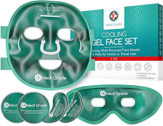 Medi Grade Cooling Ice Face Mask and Cooling Eye Mask for Puffy Eyes & Migraine Relief - Self Care Face Ice Pack with ChillGel Face Ice Mask Technology - Cooling Face Mask, Eye Pads and Bag-VivaGrace Women