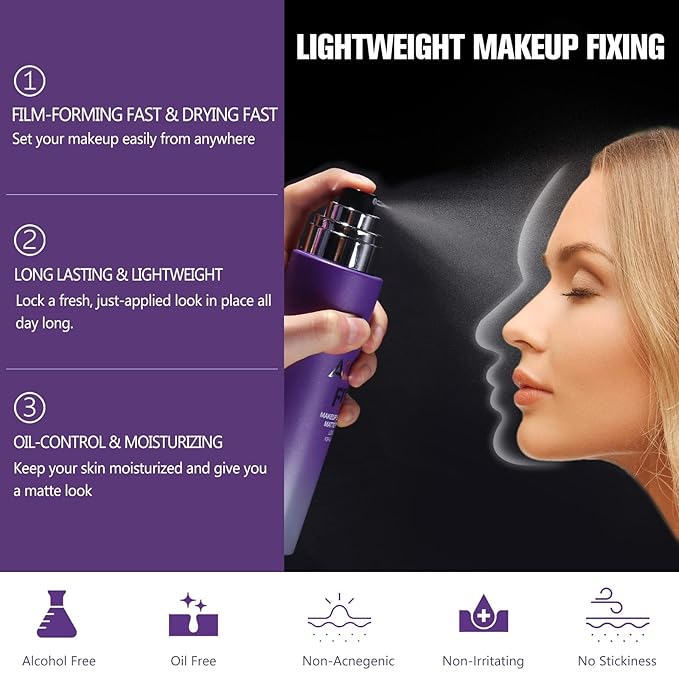 Long Lasting Makeup Setting Spray Kit- 6.76 Fl oz Hydrating Matte Finish Mist Lightweight Face Make up Fixer +Travel Size Spray Bottle+Sponge Puff Makeup Set-VivaGrace Women
