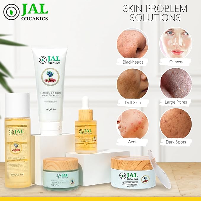 5 in 1 Blueberry & Rhubarb Korean Skin Care Set, Face Moisturizer, Glycolic Clay Face Mask, Serum, Cleanser & Toner for All Skin Types, Anti Aging Skin Care Sets & Kits, Facial Routine Kit for Women-VivaGrace Women