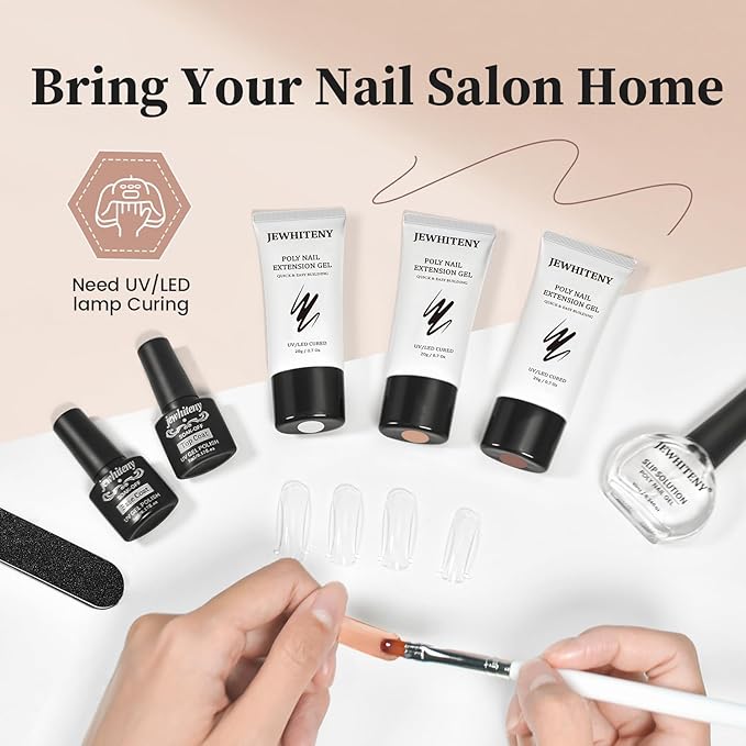 JEWHITENY Poly Nail Gel Set Clear Nude Brown Neutral Classic Color Base and Top Coat Slip Solution Poly Extension Gel With Acrylic Nail Builder Need U V Lamp Curing-VivaGrace Women