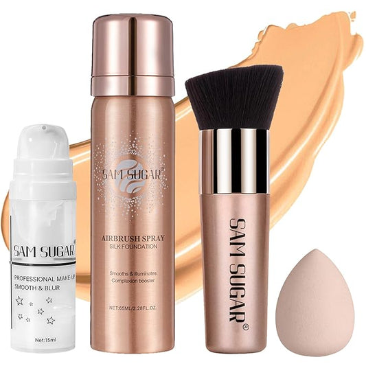 AirBrush Foundation Spray Set, Spray Foundation Makeup and Hydrating Face Primer Kit, Longwear Waterproof Liquid Matte Foundation Mist for Flawless Look, Brush and Sponge Include (#4 Warm Beige)-VivaGrace Women