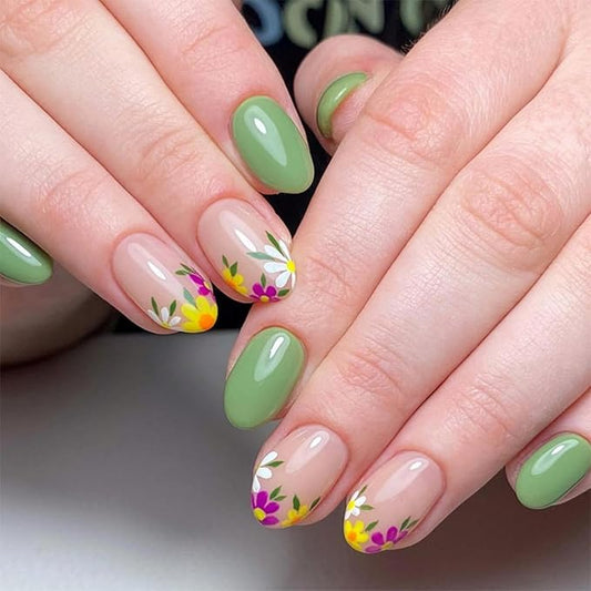 Green Press on Nails Short Almond Fake Nails with Colorful Flower Design Glossy Nude False Nails Spring Glue on Nails Cute Full Cover Reusable Summer Stick on Nails for Women Girls Manicure 24pcs