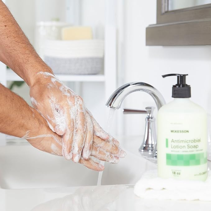 McKesson Antimicrobial Lotion Hand Soap with Aloe, 18 oz Pump Bottle [Pack of 1] - Herbal Scent, Keeps Hands Clean and Moisturized, Medical-Grade Soap