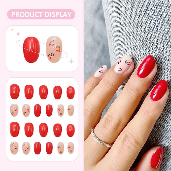 24 Pcs Cherry Press-on Nails | Extra Short, Almond Shaped, Pink/Red - Full Cover, Acrylic, Reusable, Fruit Design, Glossy Finish for Women's Daily Nails Art