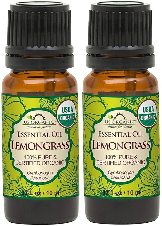 US Organic 100% Pure Lemongrass Essential Oil, USDA Certified Organic, Undiluted, Therapeutic Grade, Steam Distilled, for Aromatherapy, Freshening, and DIY Personal Care (10ml, Pack of 2)-VivaGrace Women