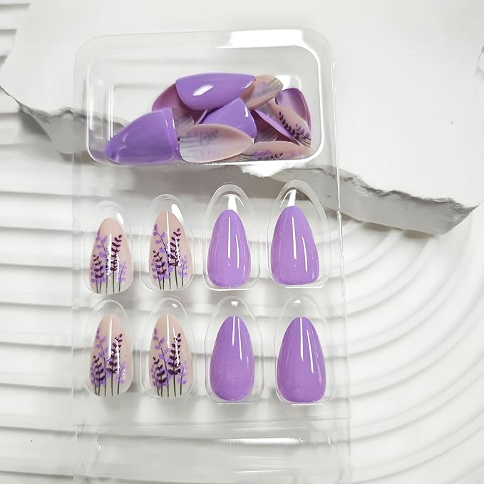 Purple Press on Nails Medium Almond Fake Nails Lavender False Nails with Design Flower Glue on Nails Glossy Full Cover Reusable Artificial Acrylic Stick on Nails For Women Girls Manicure 24PCS