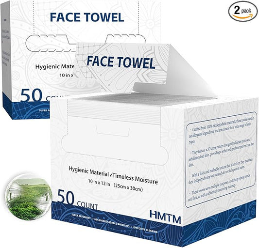 Face Towels, 10” x 12”, Face Towelettes Disposable, Extra Thick Soft and Absorbent for Sensitive Skin, Disposable Face Towel for Makeup Remover, Dry Wipes, 100 Count（2 Pack）