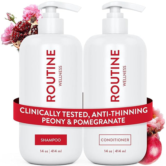 Routine Wellness Anti-Thinning Shampoo and Conditioner Set for Thinning Hair - Biotin DHT Blocker Women & Men - Color Safe Shampoo for Hair Loss & Healthier Hair - Peony & Pomegranate (Pack of 2)-VivaGrace Women