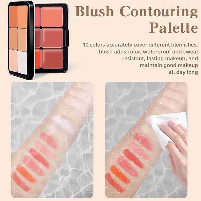 12 Colors Cream Blush Palette, Color Correcting Concealer Foundation Palette, Long Wearing Smudge Proof Blendable Matte Finish Blush Powder Highlighter and Cream Contour Palette Makeup (01)-VivaGrace Women