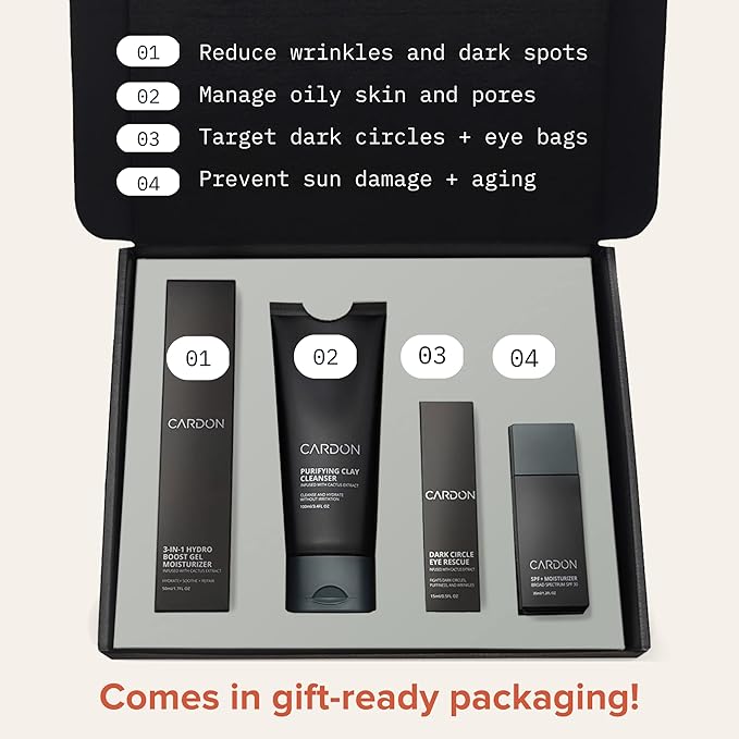 Limited Edition Men's Skincare Gift Set, Cardon Anti-Aging Korean Skincare Routine, Cactus-based, All Skin Types, Face Wash, Face Moisturizer with Sunscreen, SPF 30, Night Lotion, Eye Cream (4 CT)-VivaGrace Women