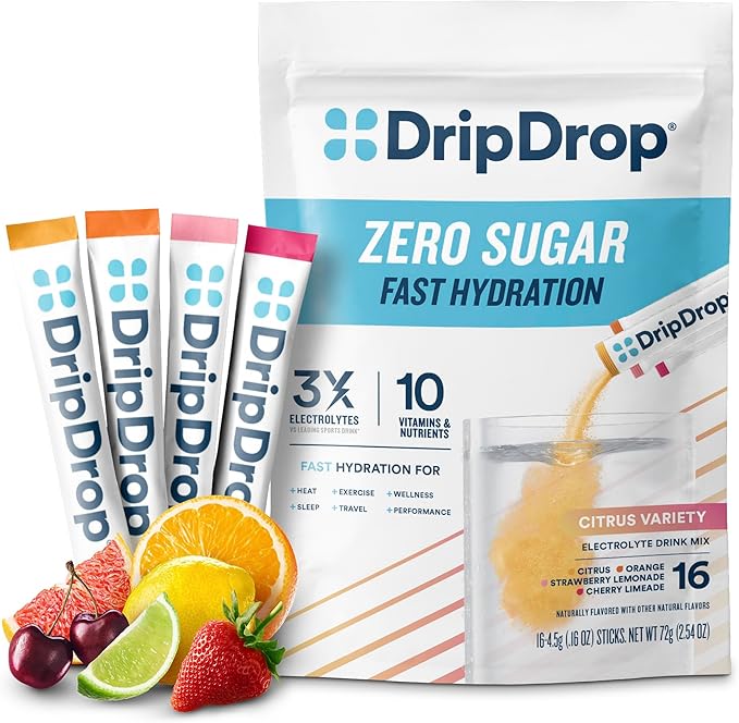 DripDrop Sugar Free Hydration Packets - Zero Citrus Variety Pack - Single Serve Electrolytes Powder Drink Mix - Cherry Limeade, Citrus, Orange, Strawberry Lemonade - Non-GMO, Gluten Free - 16 Sticks-VivaGrace Women